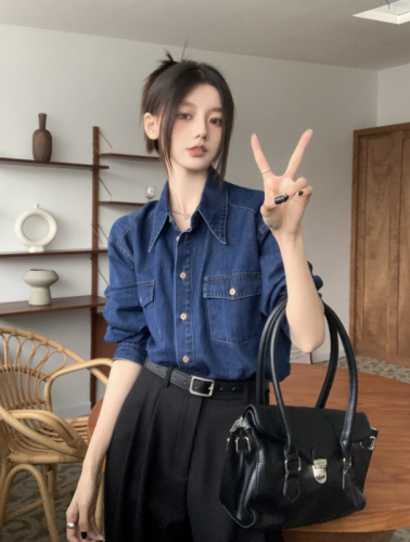 Autumn versatile loose retro classic lapel bottoming denim shirt for women