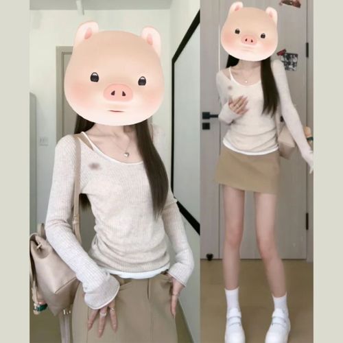 New early autumn wear fake two-piece sweater women's early autumn thin slim fit hot girl long-sleeved top