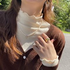 Bottoming shirt for women in autumn and winter with half turtleneck and ear-trimmed slim fit spring and autumn white long-sleeved T-shirt for autumn new style