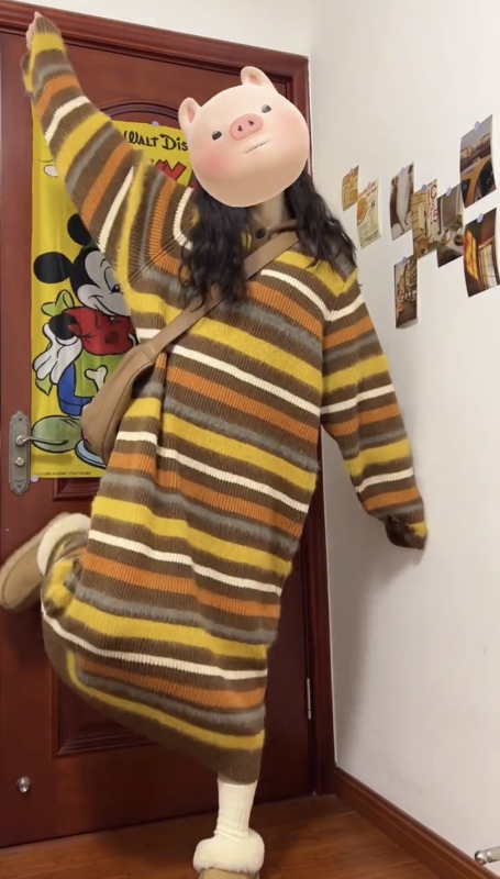Contrast color striped hooded sweatshirt dress for women autumn and winter Korean style straight loose long knitted sweater dress