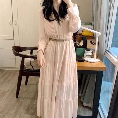 Gentle pink long-sleeved shirt dress for women, new autumn and winter high-end French waist long skirt