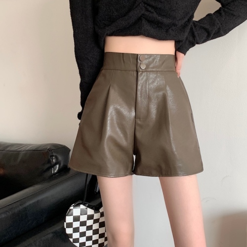 New high-waisted, slim, fashionable and versatile pu leather wide-leg shorts and boot pants