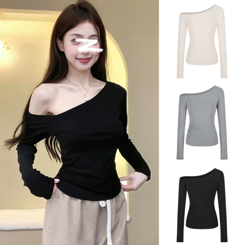 Oblique shoulder hot girl long-sleeved T-shirt ins asymmetrical slimming off-shoulder top