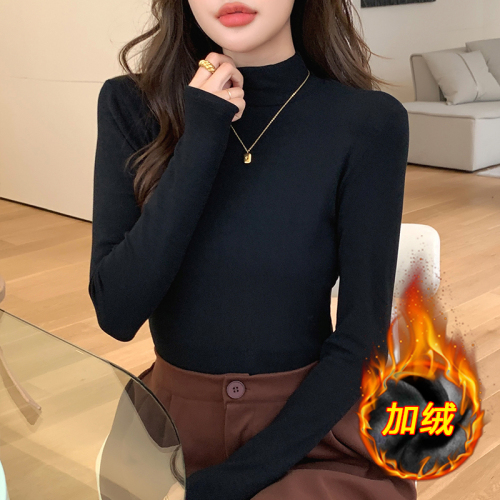 Half turtleneck brushed bottoming shirt for women in autumn and winter with velvet inner layer to keep warm and stylish, versatile long sleeves