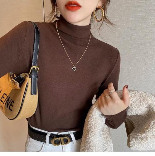 Cationic bottoming shirt for women, autumn and winter half turtleneck new style plus velvet T-shirt, fashionable and versatile brushed top