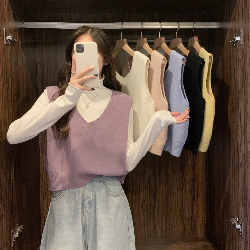 Korean version of the new solid color V-neck cashmere versatile vest + half turtleneck knitted bottoming shirt