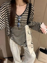 Lazy Style Striped Round Neck Sun Protection Long Sleeve T-Shirt Women's Thin Oversize Loose Slim Blouse Top
