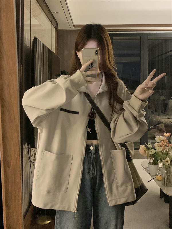 Trendy stand-up collar double zipper design sweatshirt for men and women high street loose cardigan jacket