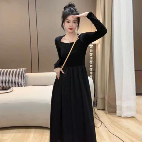 Early and early autumn new women's French black dress long-sleeved autumn and winter high-end bottoming long skirt Hepburn style