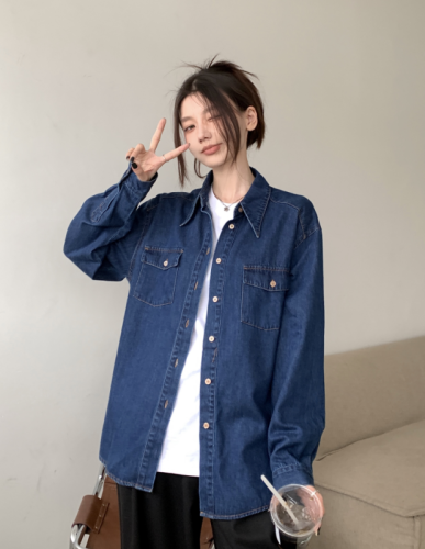 Autumn versatile loose retro classic lapel bottoming denim shirt for women