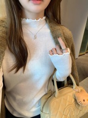 Soft and waxy 5-color fungus-edged half-high collar knitted top for early autumn, slim fit and large elastic inner layering shirt