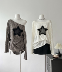 11SHOP97 Autumn gray round neck long-sleeved T-shirt for women, lazy loose hole star top, thin T-shirt for women