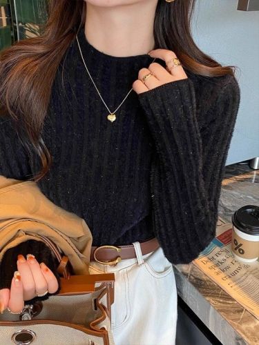 Soft and gentle sweater for women in autumn and winter new mink velvet knitted half-high collar with velvet thickened bottoming shirt
