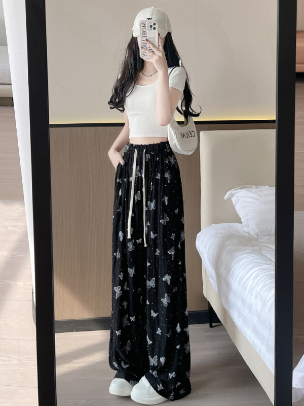 Ice silk wide-leg pants for women in summer, high-waisted, casual, lazy, small, butterfly print, ripped straight pants