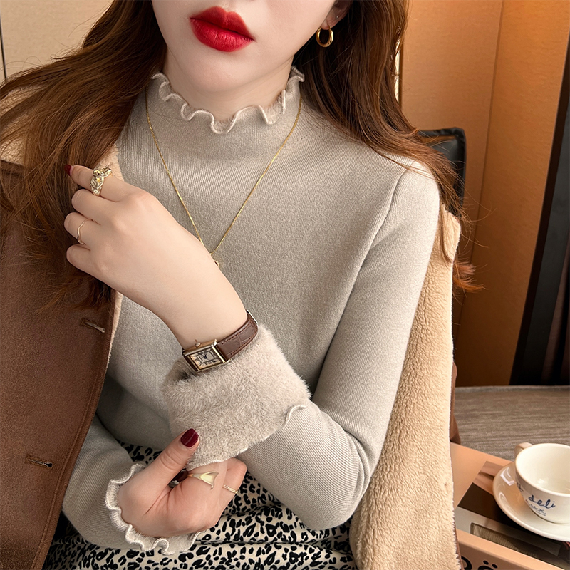 Women's new winter hot velvet thickened sweater half-turtle collar fungus edge autumn and winter bottoming shirt with top