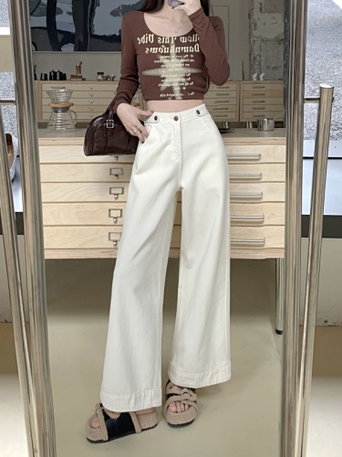 New off-white design high-waist slim and versatile nine-point wide-leg jeans for women