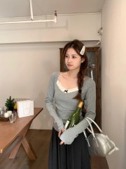 Girls patchwork lace gray jacquard texture sweater for women autumn and winter V-neck inner wear long-sleeved T-shirt