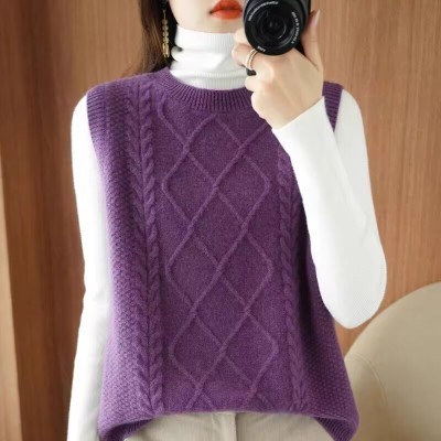 Knitted back slit vest for women 100% pure wool round neck pullover vest spring and autumn new style sleeveless waistcoat