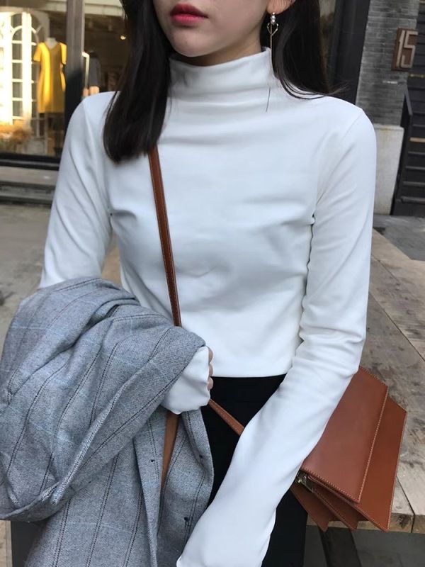Autumn and winter new style half turtleneck Yuanxi bottoming shirt for women, versatile slim fit plus velvet long-sleeved pile collar inner top