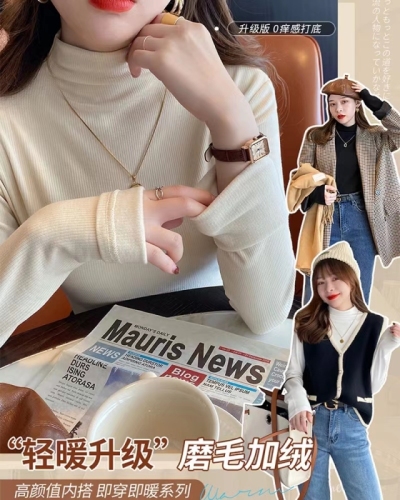 Half turtleneck plus velvet bottoming shirt for women, spring and autumn new style, white thickened autumn and winter mid-collar top