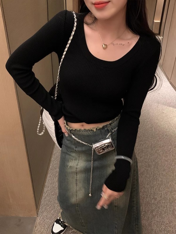 Pure cotton long-sleeved T-shirt for women in early autumn new style loose round neck slim right shoulder top bottoming shirt for autumn and winter