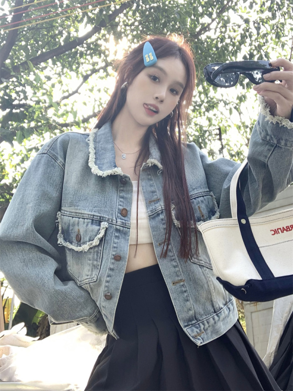 Xiaoxiangfeng fur frayed denim jacket women's short long-sleeved loose jacket