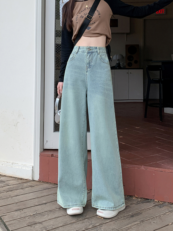 Light-colored jeans for women, straight-leg, loose, high-waist, American casual design, wide-leg pants