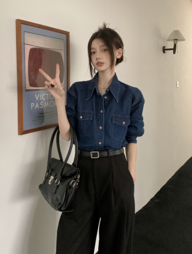 Autumn versatile loose retro classic lapel bottoming denim shirt for women