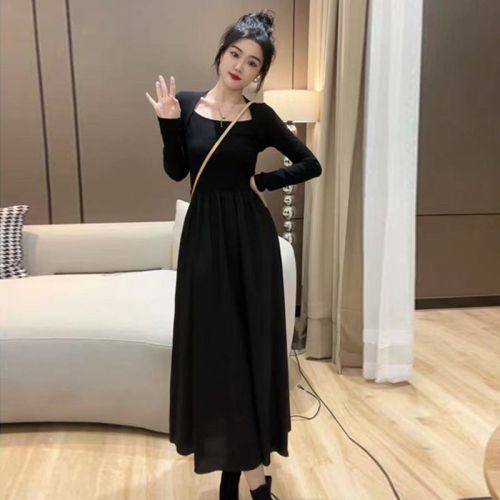 Early and early autumn new women's French black dress long-sleeved autumn and winter high-end bottoming long skirt Hepburn style