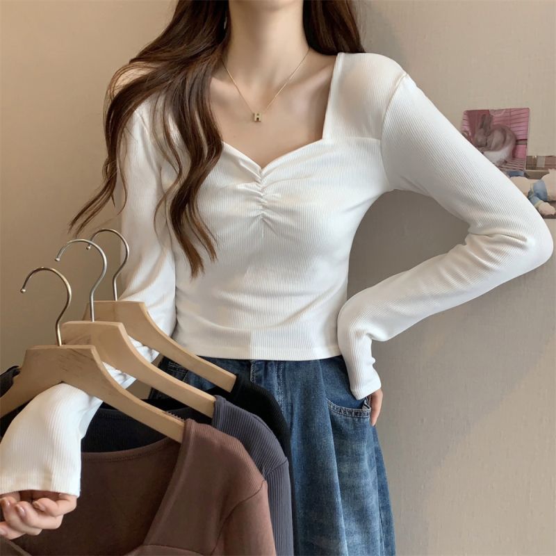 Bottoming shirt, autumn and winter inner collarbone square collar design, short top, thickened brushed long-sleeved T-shirt