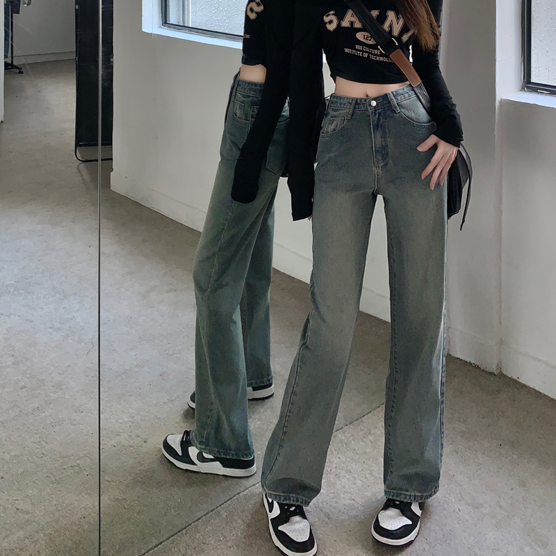 Retro high-waist straight jeans for women in autumn, nostalgic design, versatile loose slimming wide-leg trousers