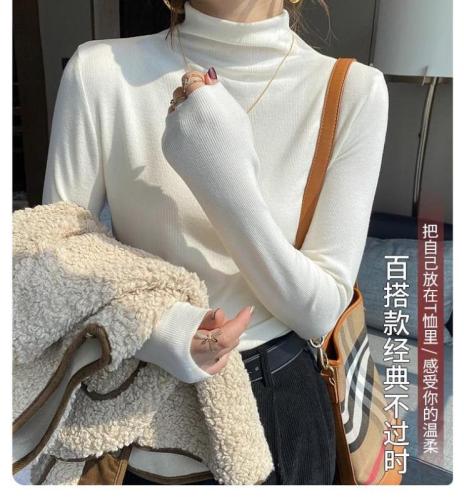 Cationic bottoming shirt for women, autumn and winter half turtleneck new style plus velvet T-shirt, fashionable and versatile brushed top