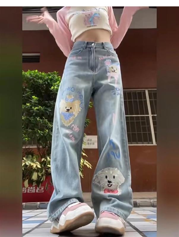 High quality spot #small cartoon printed jeans for women autumn and winter high waist design graffiti wide leg pants