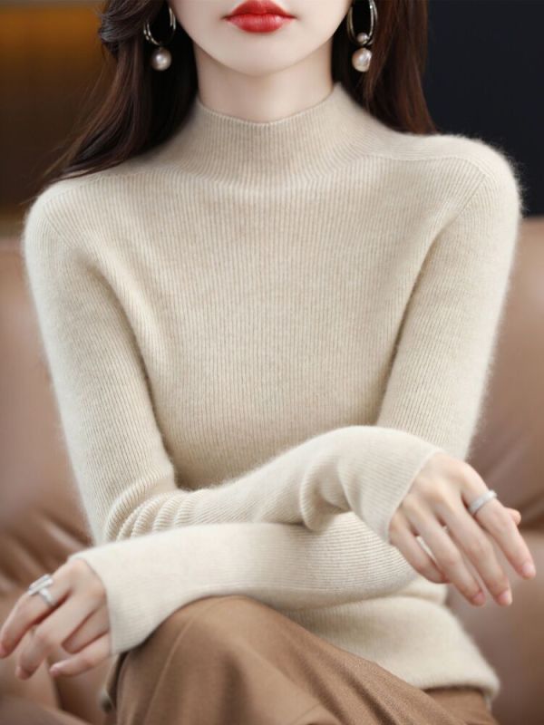 Half-turtleneck woolen sweater for women, pure wool, first-line ready-to-wear, slim-fitting knitted bottoming shirt, tight pullover, inner sweater