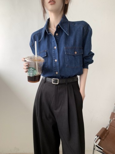 Autumn versatile loose retro classic lapel bottoming denim shirt for women