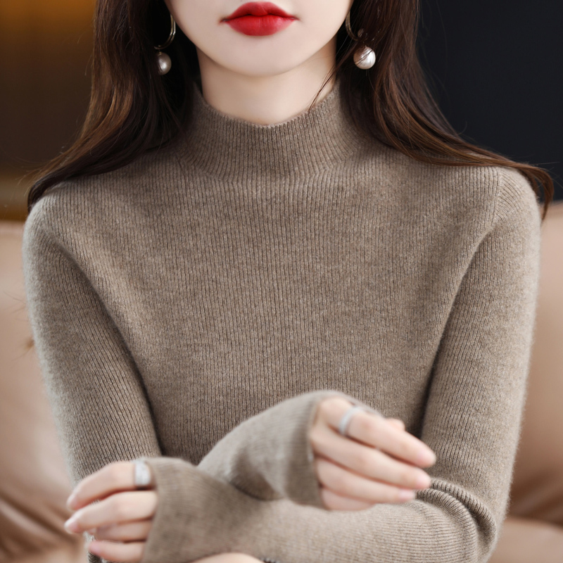 Half turtleneck cashmere sweater women's pullover striped sweater slim fit thickened 100% pure wool knitted base