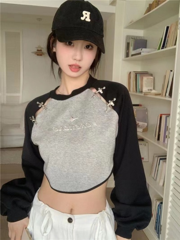 Design niche American raglan short sweatshirt autumn new retro splicing top