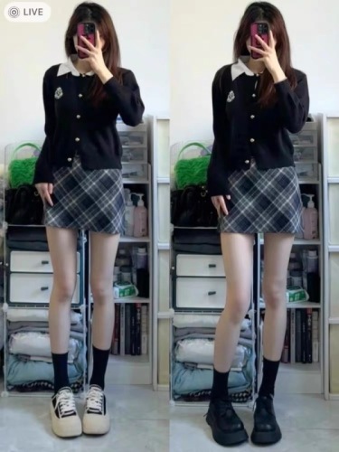 Autumn small tea-style outfit black fake two-piece knitted cardigan plaid skirt college style two-piece suit for women