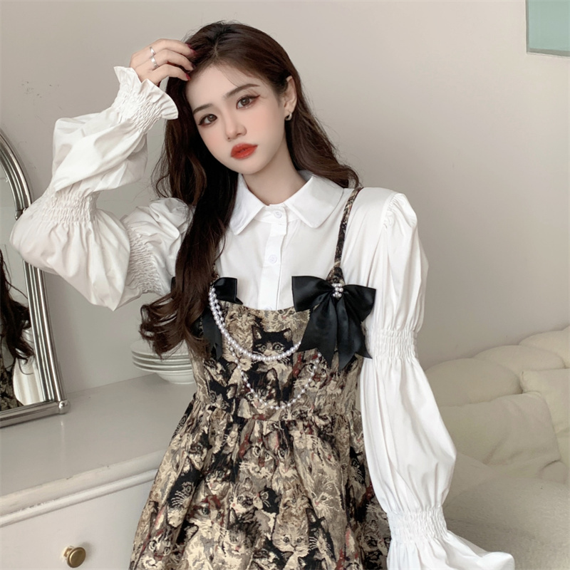 Hong Kong style light and mature long-sleeved shirt + bow pearl necklace cat pattern waistline puffy dress