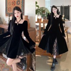 Matsumoto mourning slit lace black halter neck velvet dress lace skirt