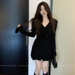 Plus size women's ruffled V-neck spring and autumn wear high-end sexy pure lust design waist short dress