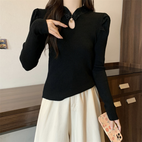 Large size stand collar puff long sleeve knitted bottoming shirt for women new Chinese style plate button hollow improved cheongsam top