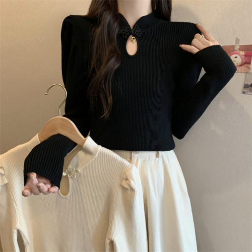 Large size stand collar puff long sleeve knitted bottoming shirt for women new Chinese style plate button hollow improved cheongsam top