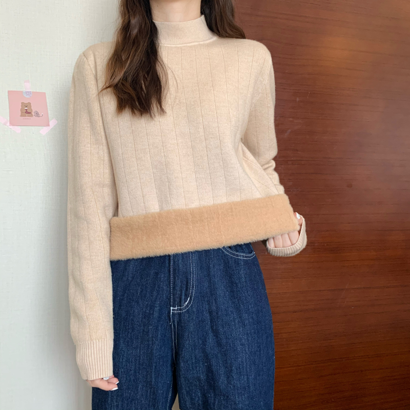 Large size autumn and winter spot Korean version half turtleneck one-piece velvet plus velvet thickened inner warm sweater sweater