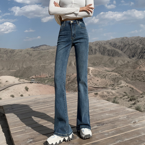 Autumn and winter slightly flared high-waisted straight-leg slim fit stretch floor-length jeans