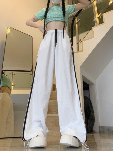 Real shot of summer ice silk quick-drying drawstring striped sports casual pants for women high-waisted straight loose wide-leg pants long pants