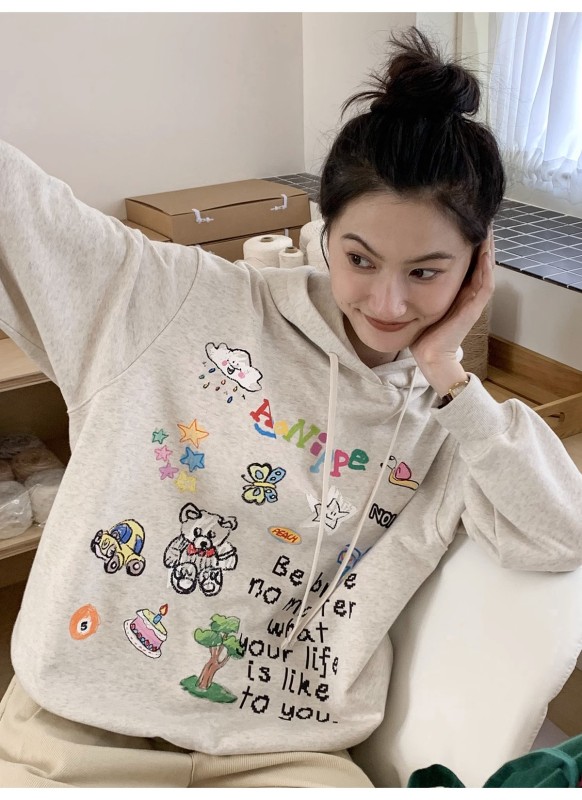 Cartoon Printed Hooded Sweatshirt Women's New Autumn Loose Lazy Top for Little People