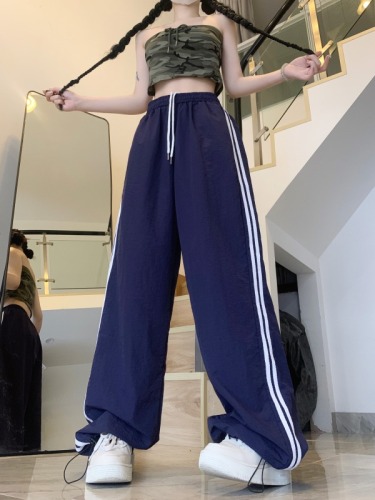 Real shot of summer ice silk quick-drying drawstring striped sports casual pants for women high-waisted straight loose wide-leg pants long pants