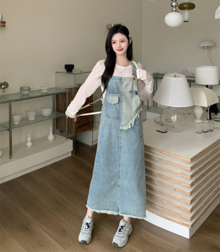 Plus size fat mm American workwear denim suspender dress for women 2024 new slimming niche skirt