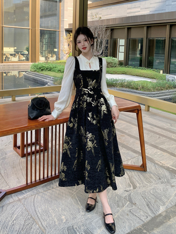 Large size new Chinese style black fake two-piece dress for fat women with waist slimming A-line skirt drape skirt